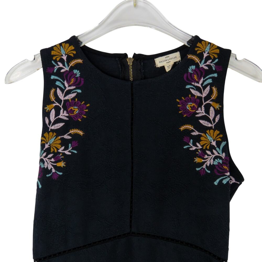 Mason & Belle Black Floral Embroidered Sleeveless Fit and Flare Mini Dress XS - Picture 3 of 7